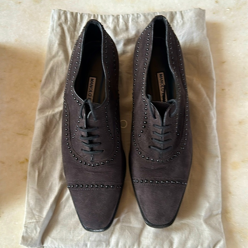 Manolo Blahnik lace up, studded oxfords - dark grey suede with black pearl studs